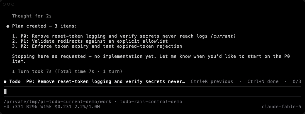Real current-config Pi capture showing Ctrl+N completing P0 and Todo Rail handing off automatically to P1