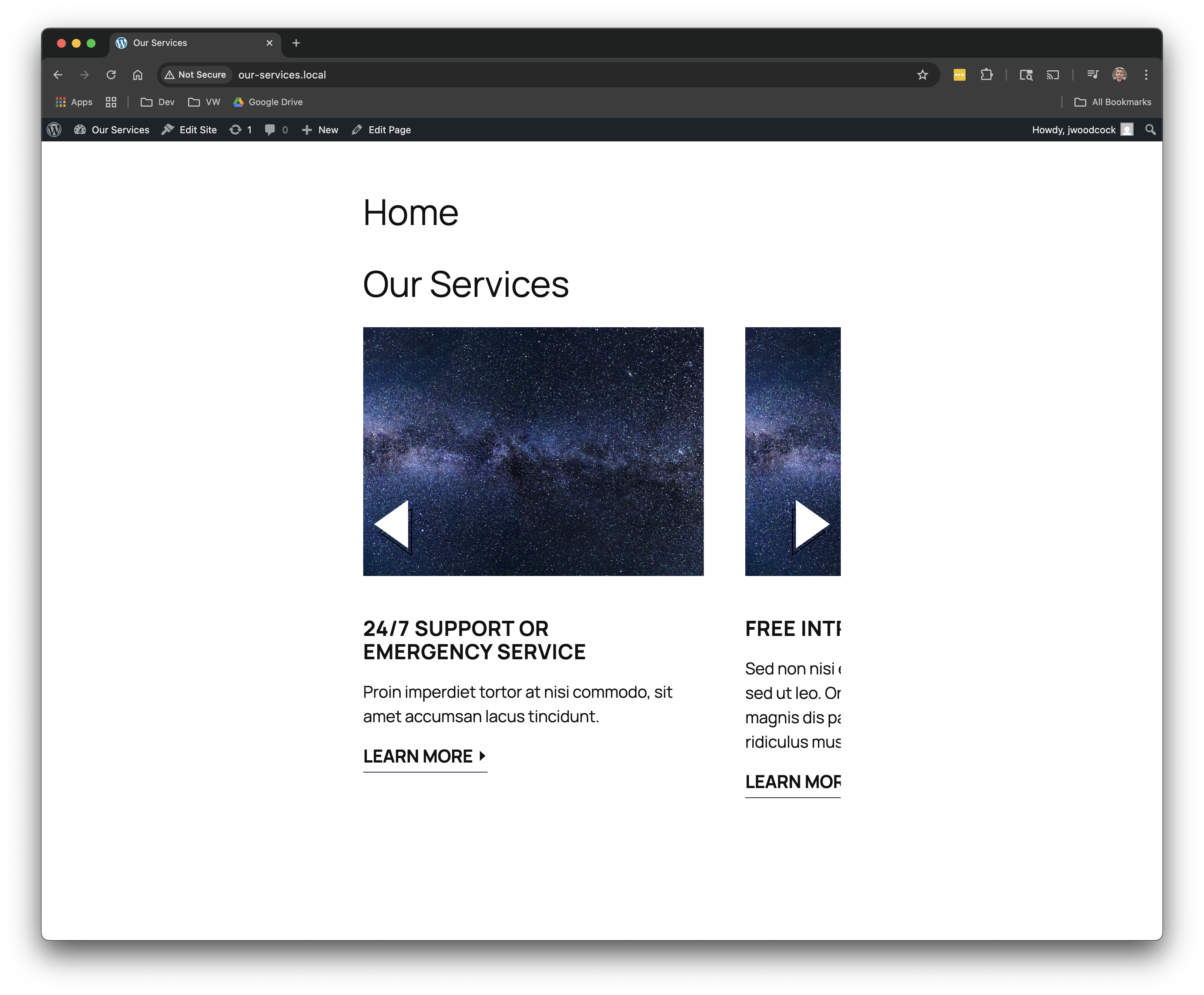 Slider example on front end of Block theme