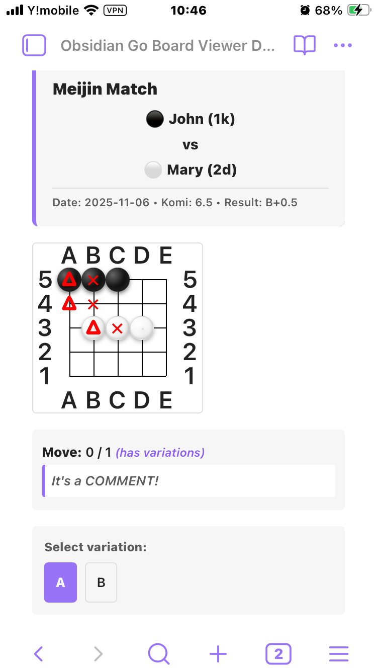 Go Board with moves and markers ,Variation selection