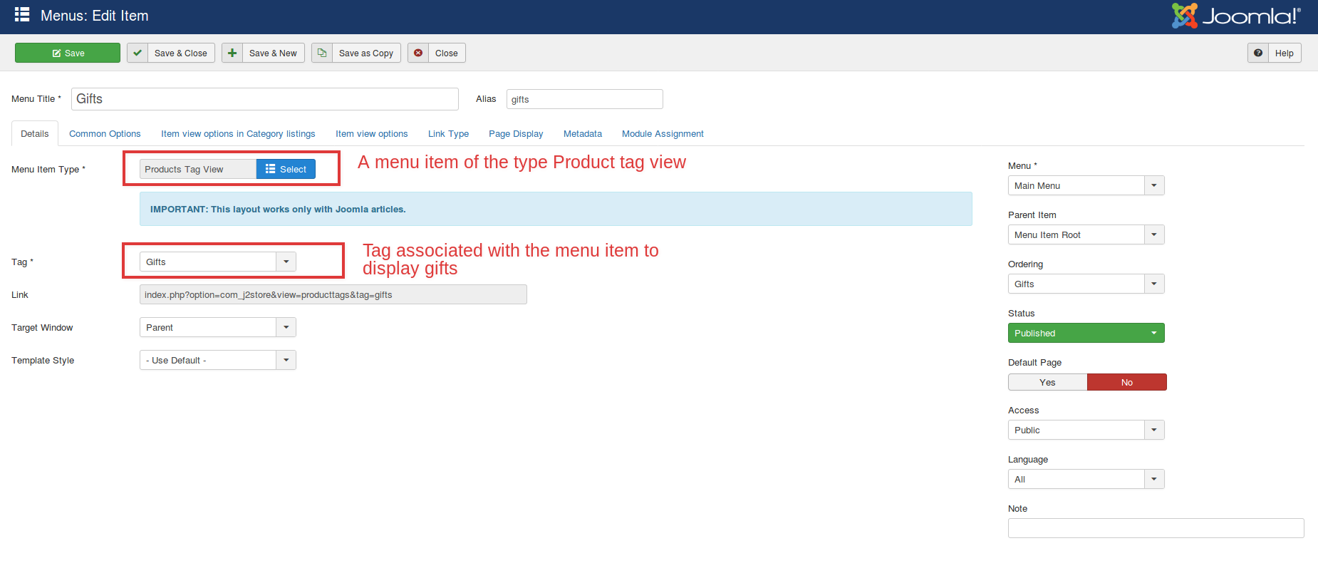 Gifts menu of the type tag view