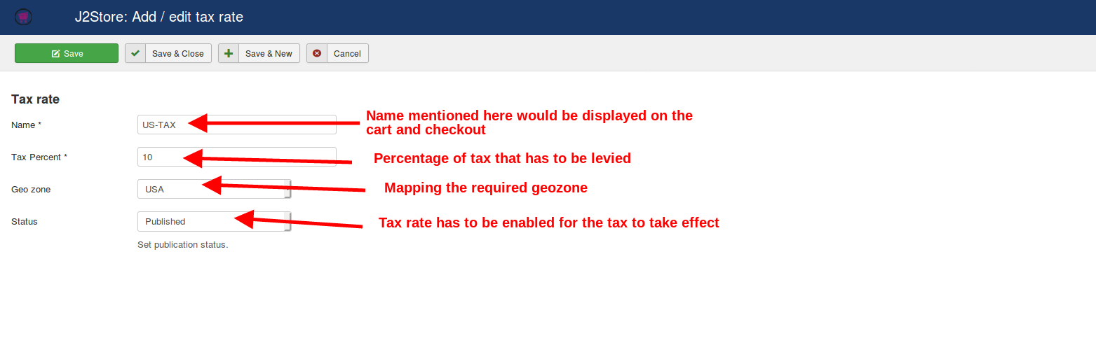 Filling in the tax details in a tax rate
