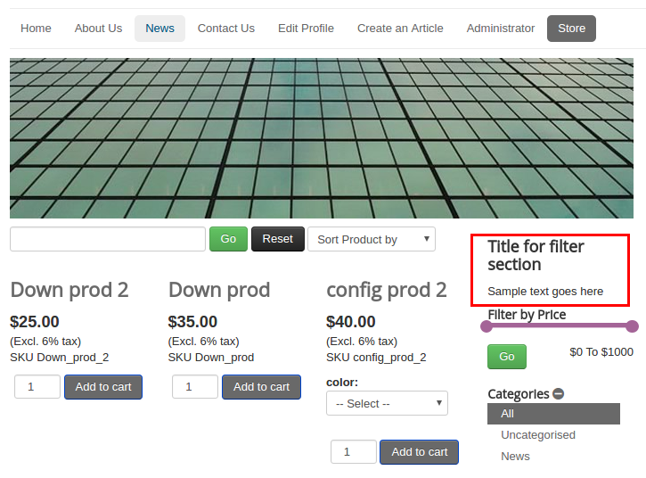 Frontend view of filters