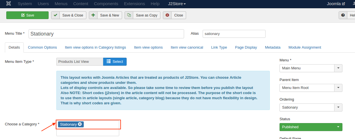 Choose category in menu