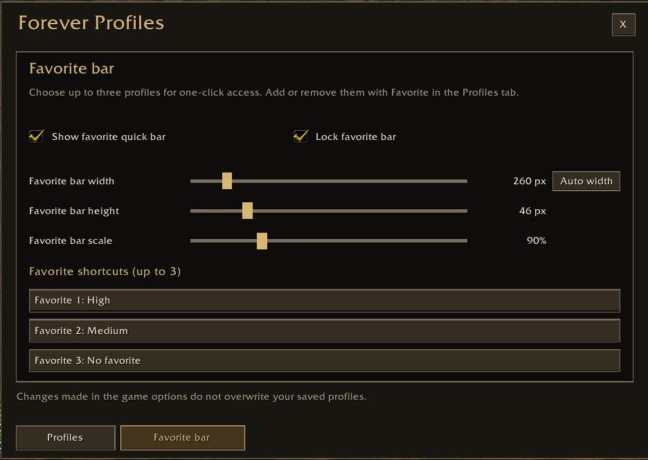 Favorites bar width, height, scale, and locking settings