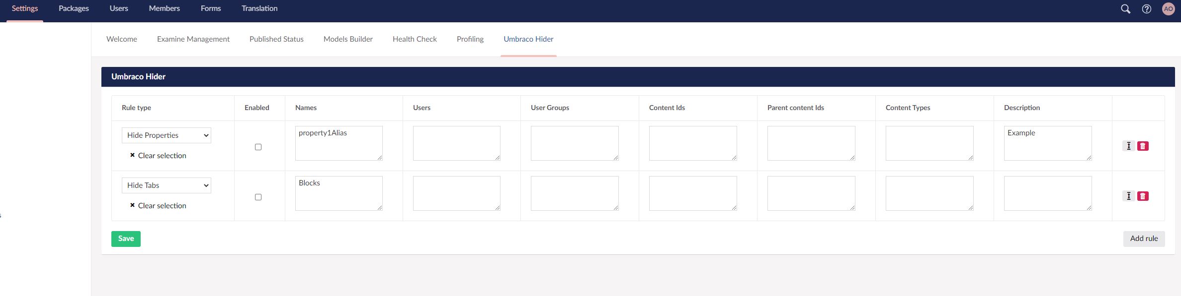 UmbracoHider Dashboard