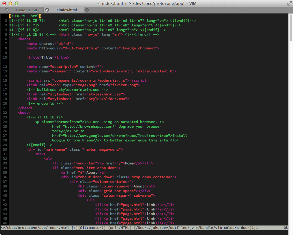 Dusk in MacVim editing HTML