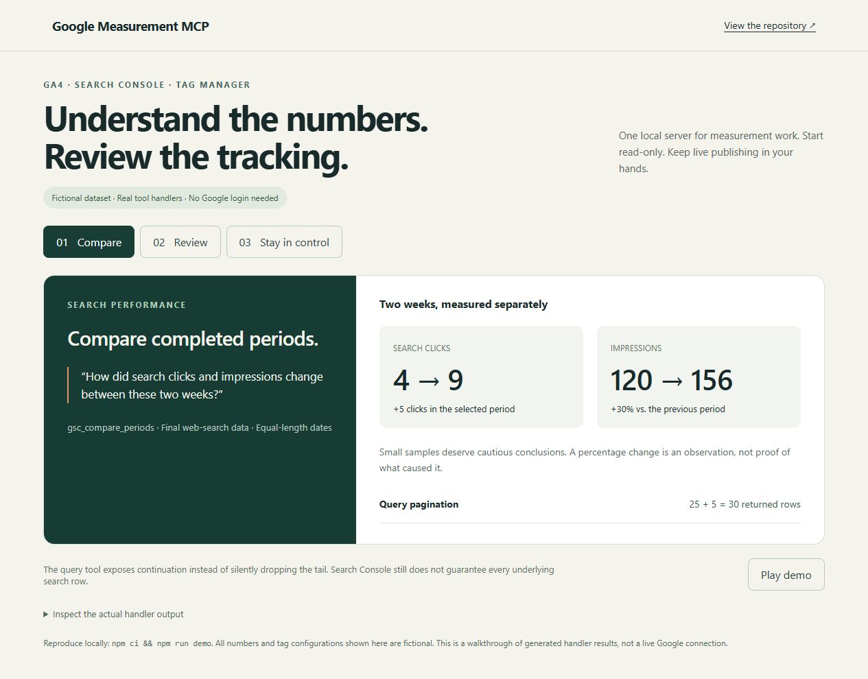 Fictional demonstration of Search Console comparison and pagination