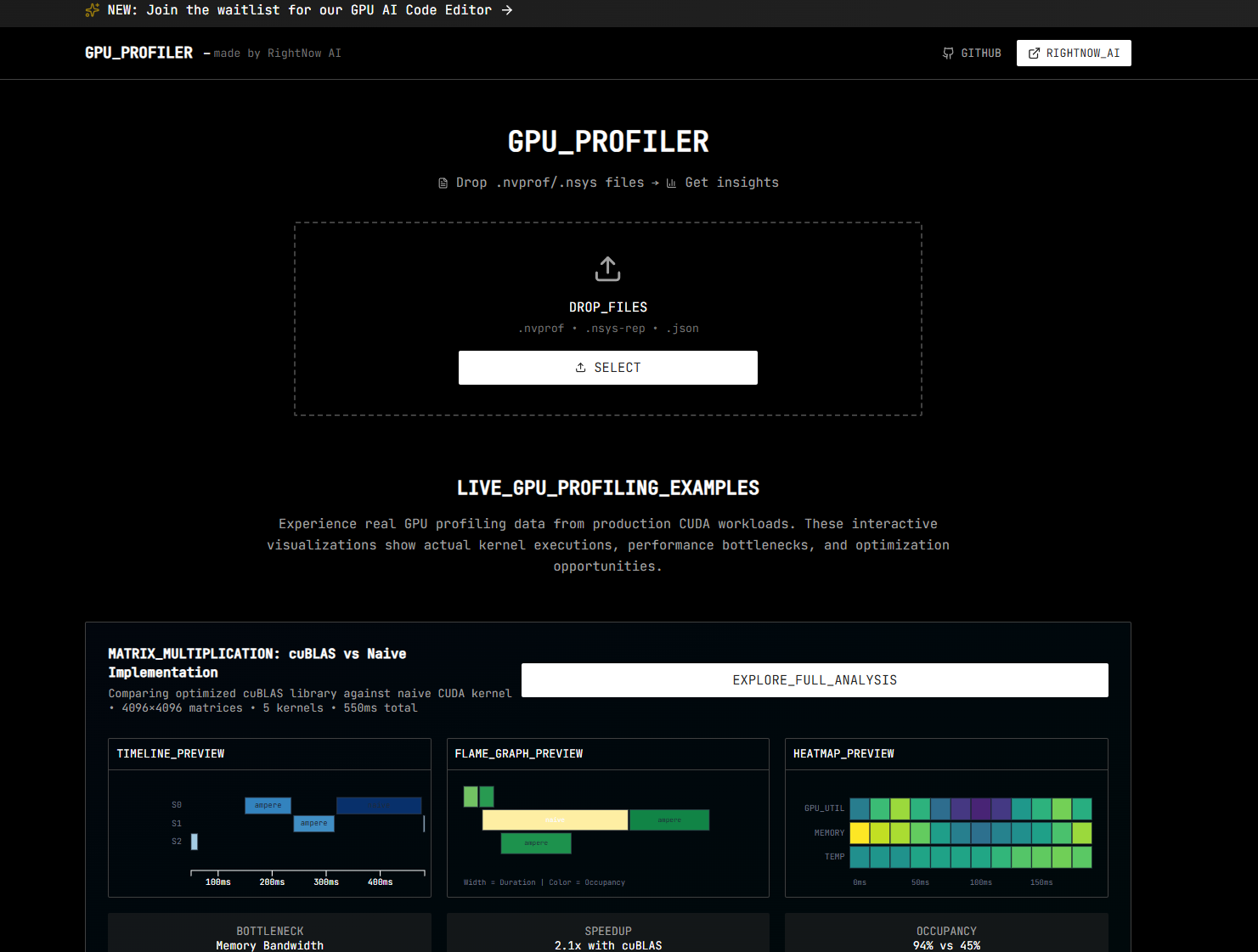 GPU Profiler Demo - Interactive timeline, flame graph, and heatmap visualizations