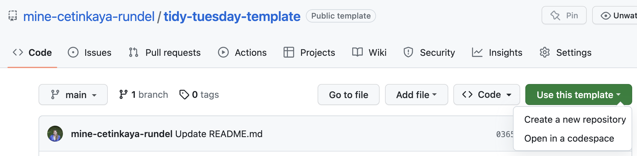 Screenshot showing how to use template to create a repo.