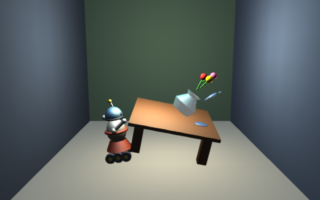 gman render: a robot drives into a table and tips a vase