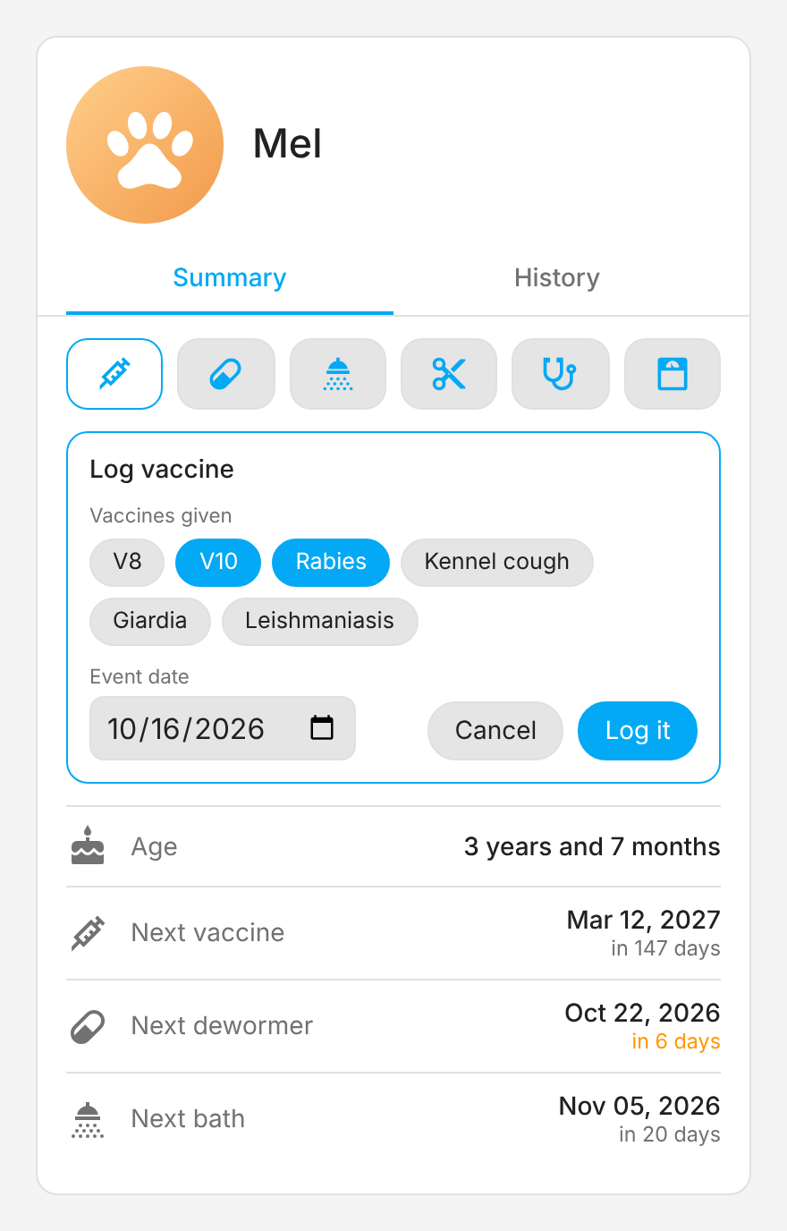 Painel de registro de vacinas