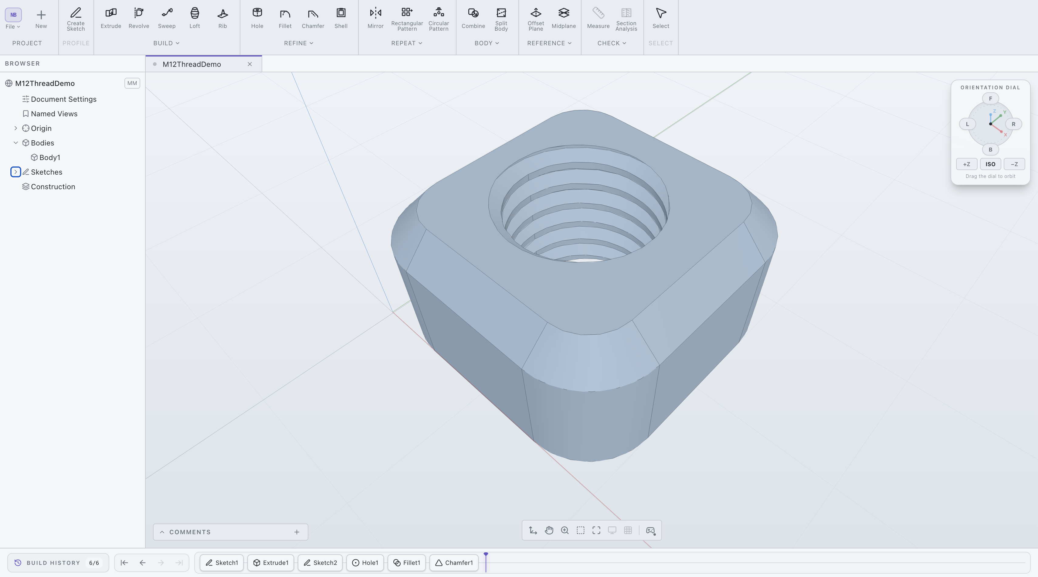 Fillet, chamfer, and a modeled threaded hole in noBS CAD