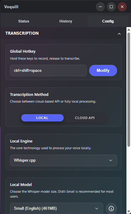 Voquill engine configuration and model selection