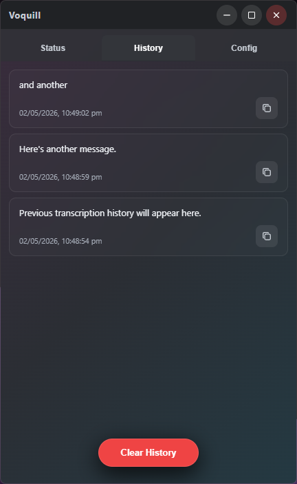 Voquill local dictation history view