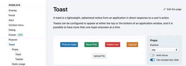 An animated demo showing several toasts in action, including close buttons, action buttons like "Retry", and multiple toasts stacking on top of, or replacing each other