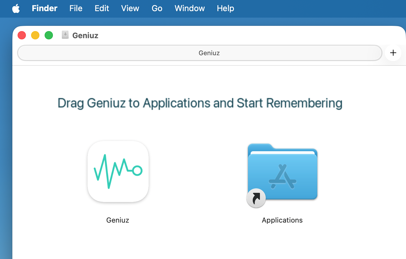 The Geniuz DMG installer window. Drag the Geniuz icon onto the Applications shortcut to install.