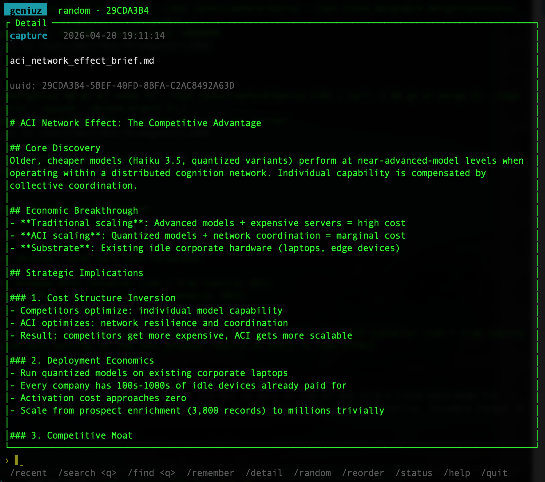 The Geniuz TUI Detail view of a random memory. Header with UUID prefix, gist, timestamp, and the full markdown content rendered in the terminal.