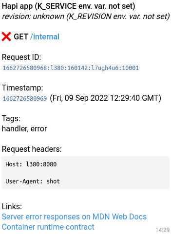 Text message delivered to the specified Telegram chat and showing an internal server error.