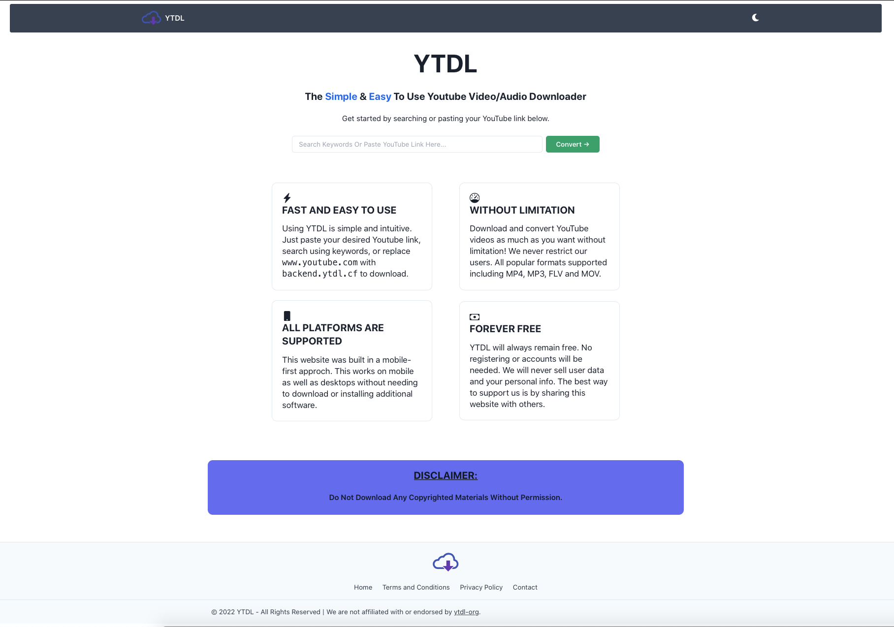 Screenshot of YTDL website in light mode