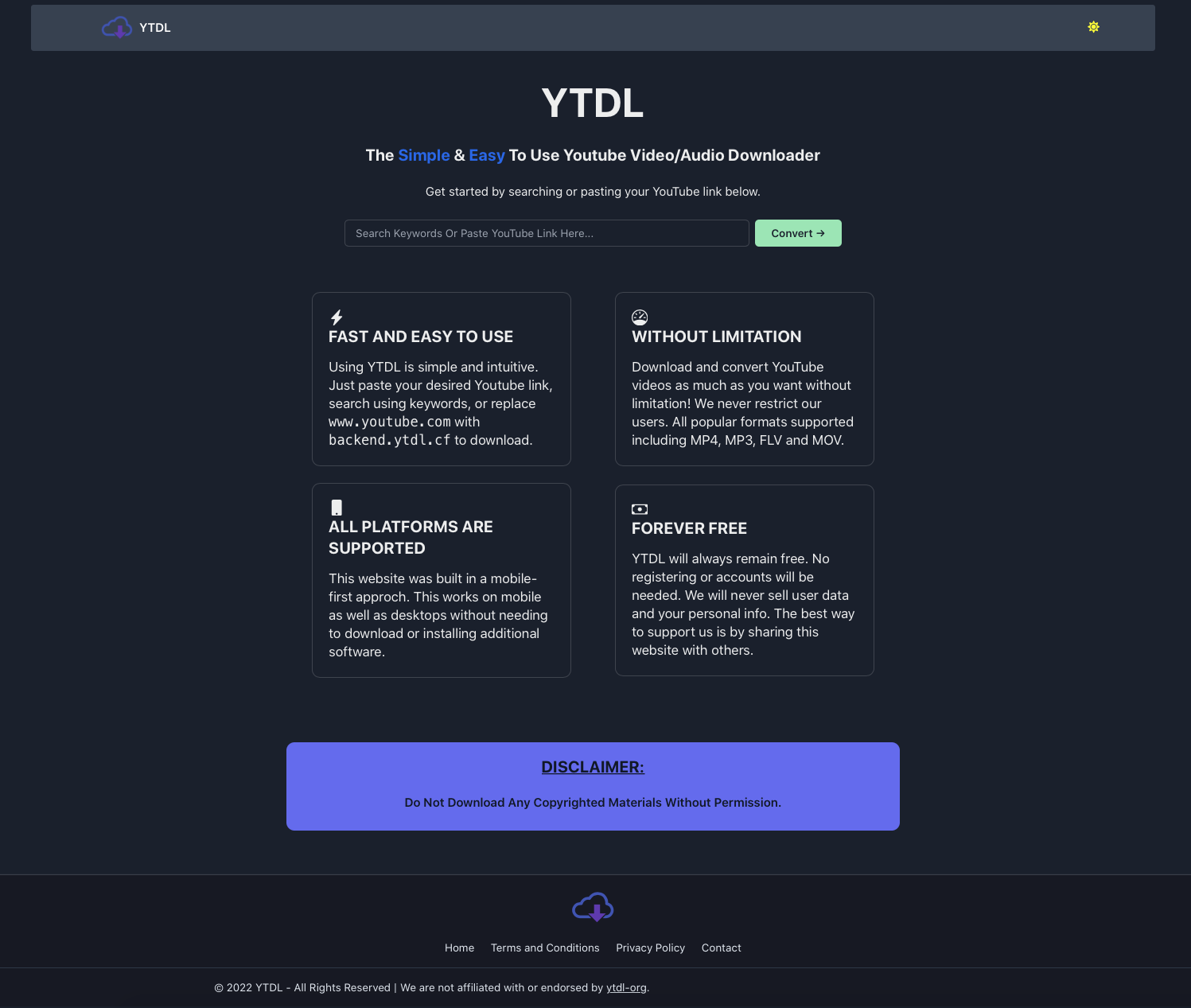 Screenshot of YTDL website in dark mode