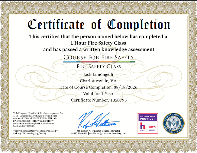 Fire Safety Class Certificate