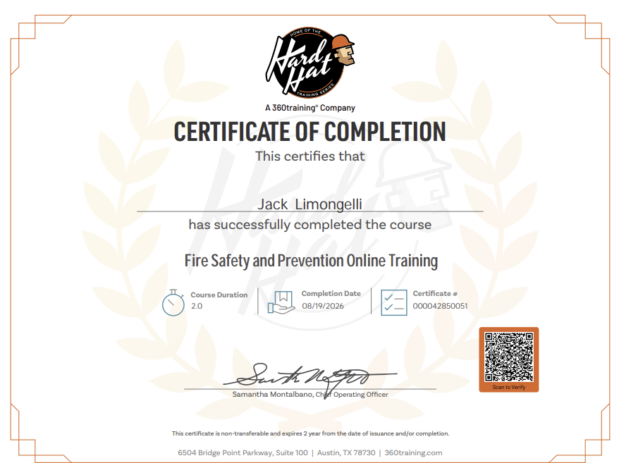 Hard Hat Fire Safety and Prevention Certificate