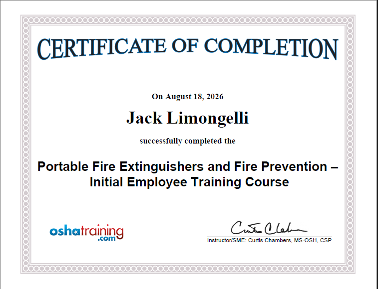 OSHA Portable Fire Extinguishers Certificate
