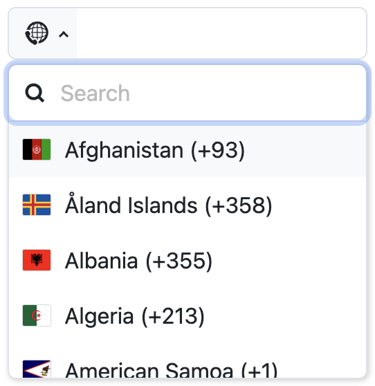 intl-tel-input screenshot showing country dropdown open