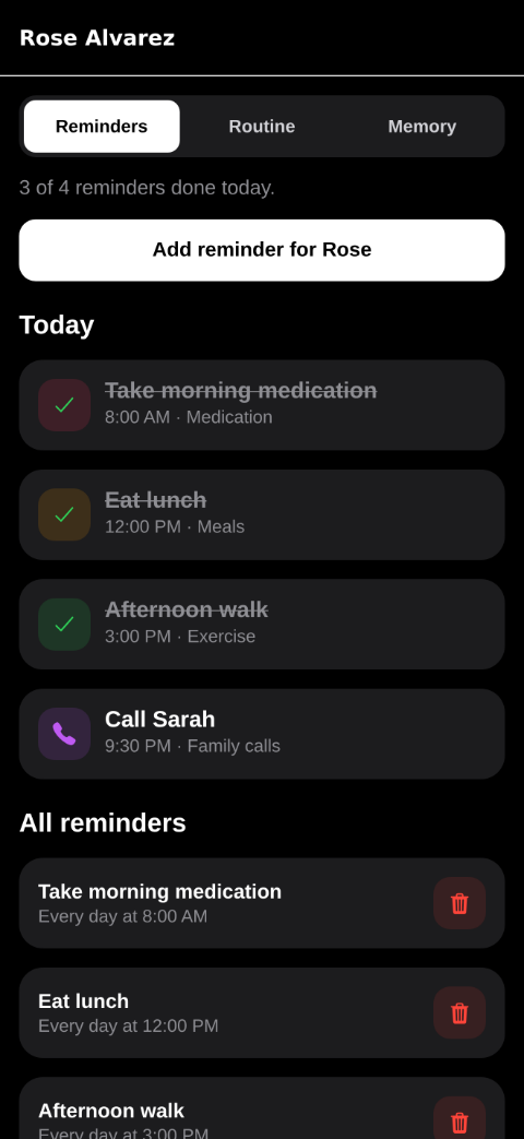 The caregiver view of a connected loved one, with tabs for Reminders, Routine, and Memory.