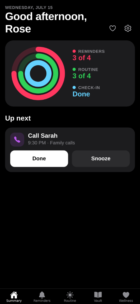 Rekalla's Summary screen: three progress rings for reminders, routine, and daily check-in, with the next reminder below.