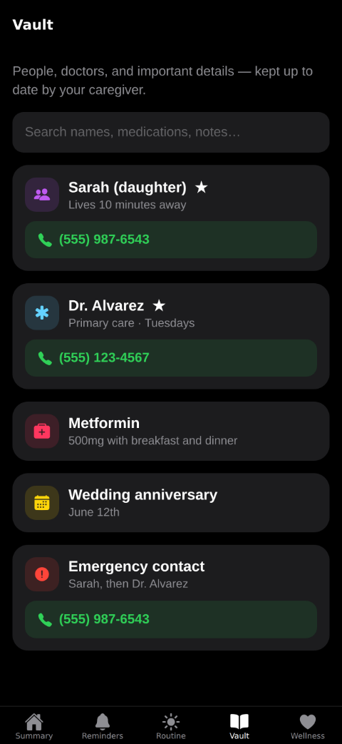 The Memory Vault: cards for family members and doctors with photos and tap-to-call phone numbers.