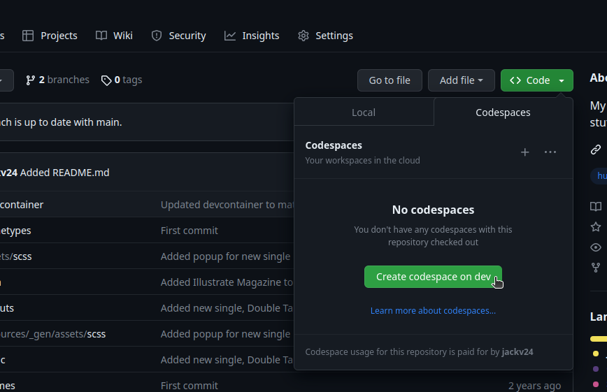 Screenshot of GitHub repo showing how to open Codespaces