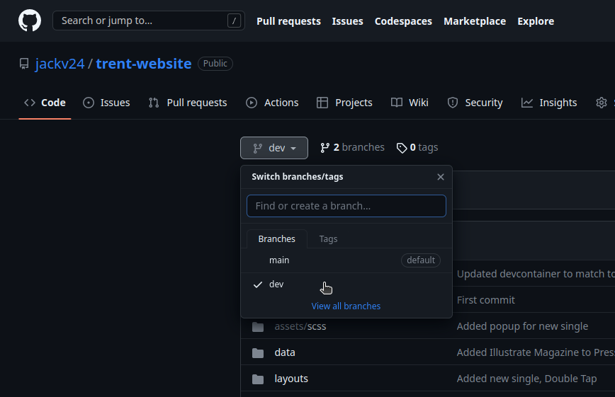 Screenshot of GitHub repo showing how to change branch