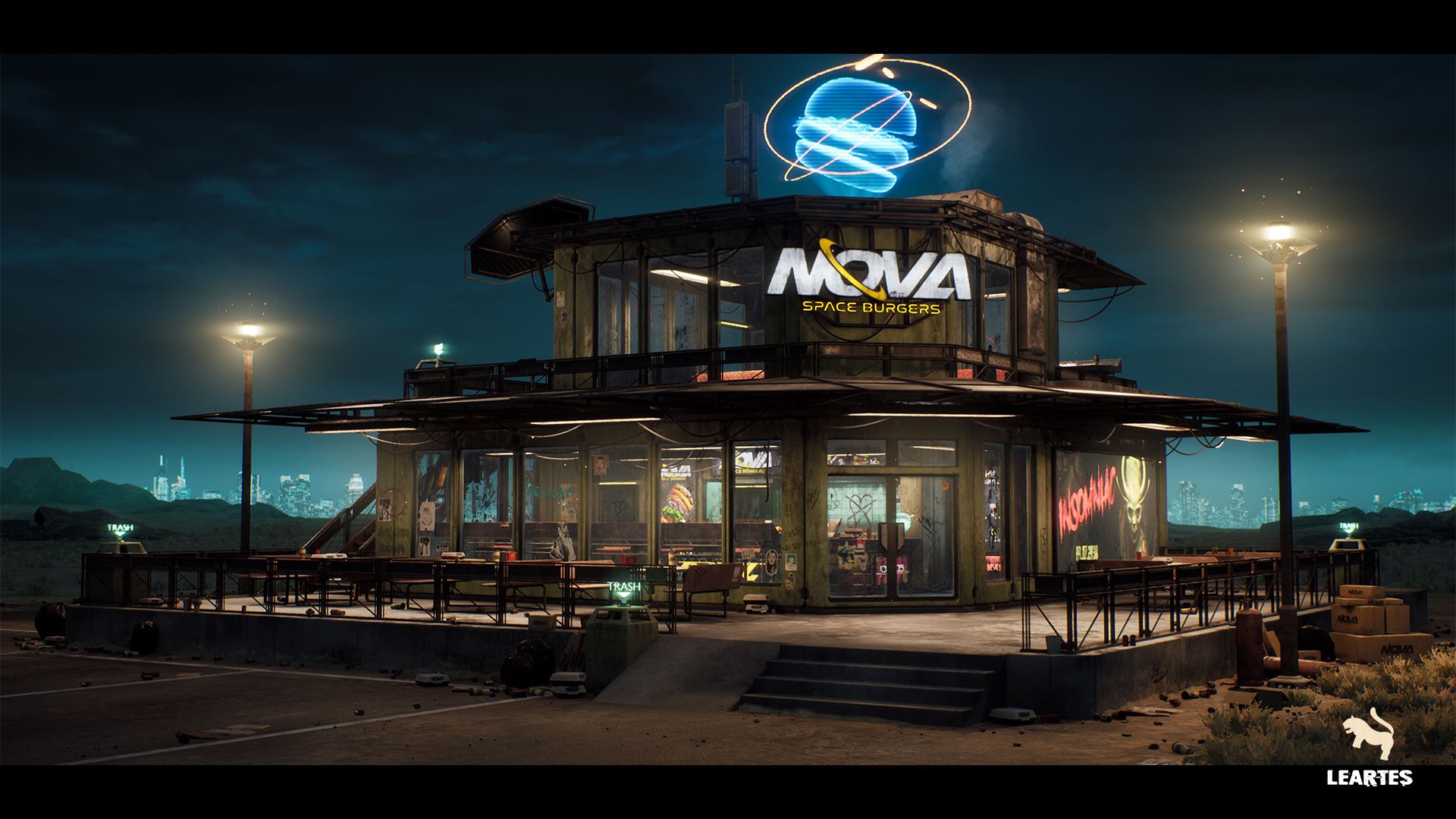 Cyberpunk Abandoned Restaurant Space Bar