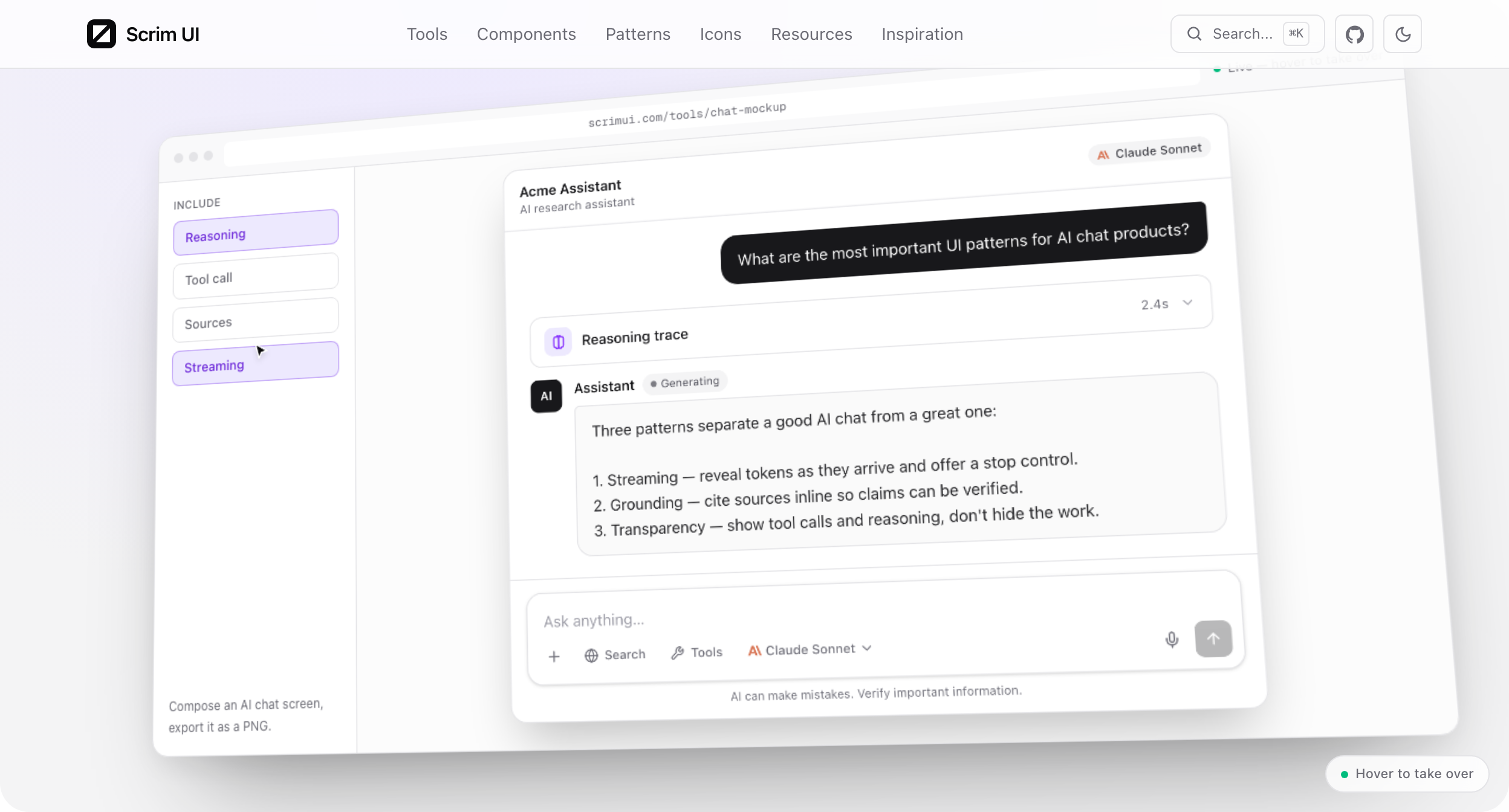 Scrim UI homepage hero showing the chat mockup and model switcher tour