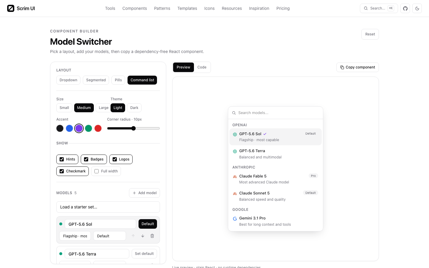 Scrim UI model switcher tool page