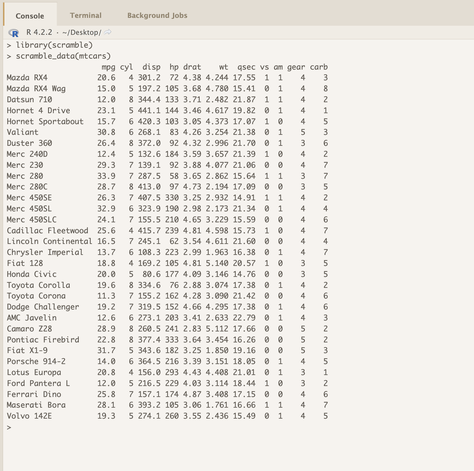 scrambled mtcars data