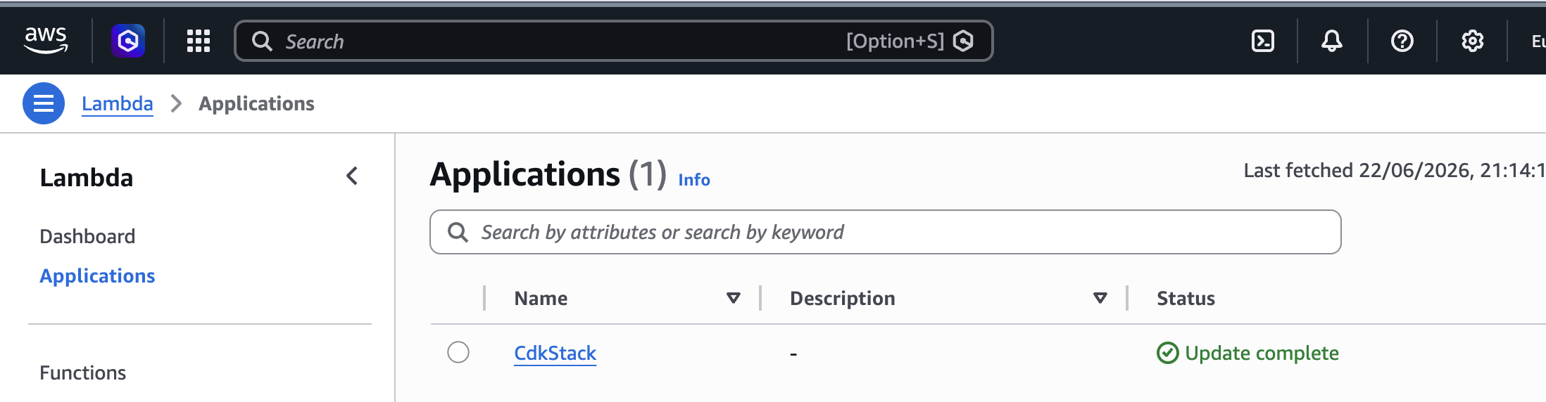 AWS Console confirming successful stack deployment