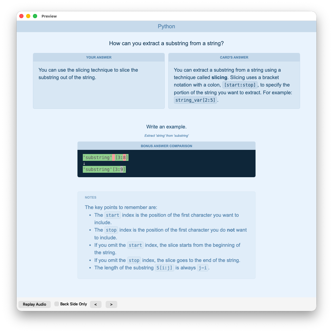 Light theme card back showing the typed and reference answers, bonus ...