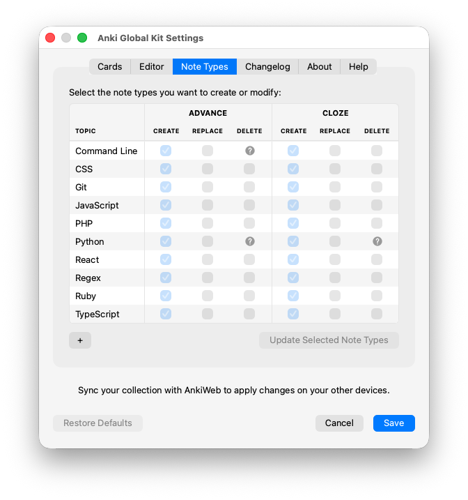 Note Types settings tab showing topic rows and Create, Replace, and ...