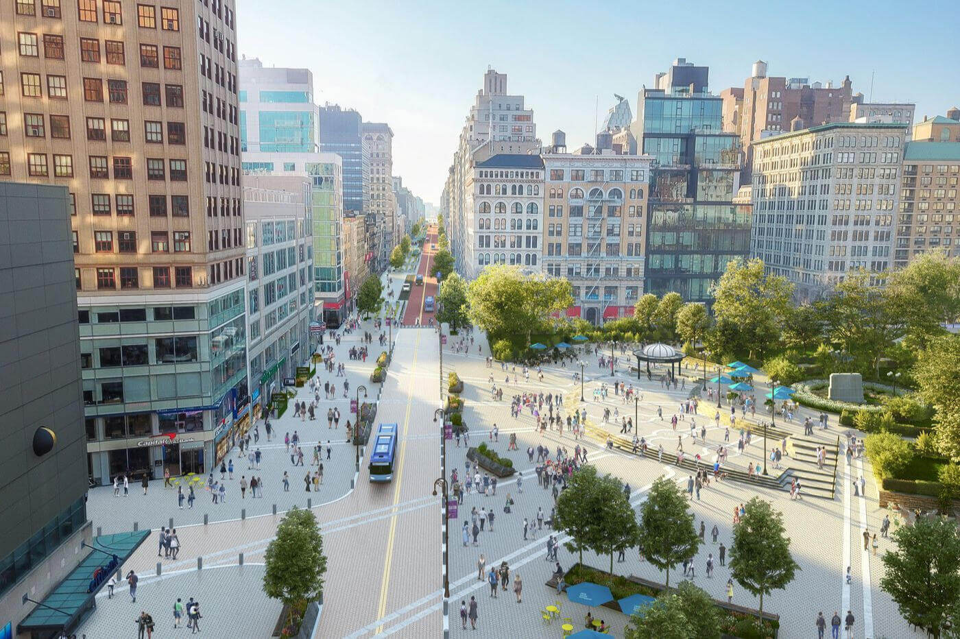 Rendering of a transformed Union Square, with busways, trees, public seating, and loads of pedestrians.