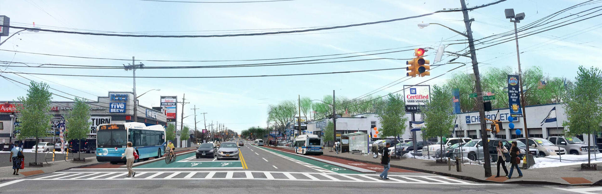 Rendering of a transformed Hylan Boulevard at New Dorp Lane on Staten Island with protected bus lanes in two directions, bike lanes in both directions, four lanes for cars and clear markings for safe pedestrian passage in the cross walk.