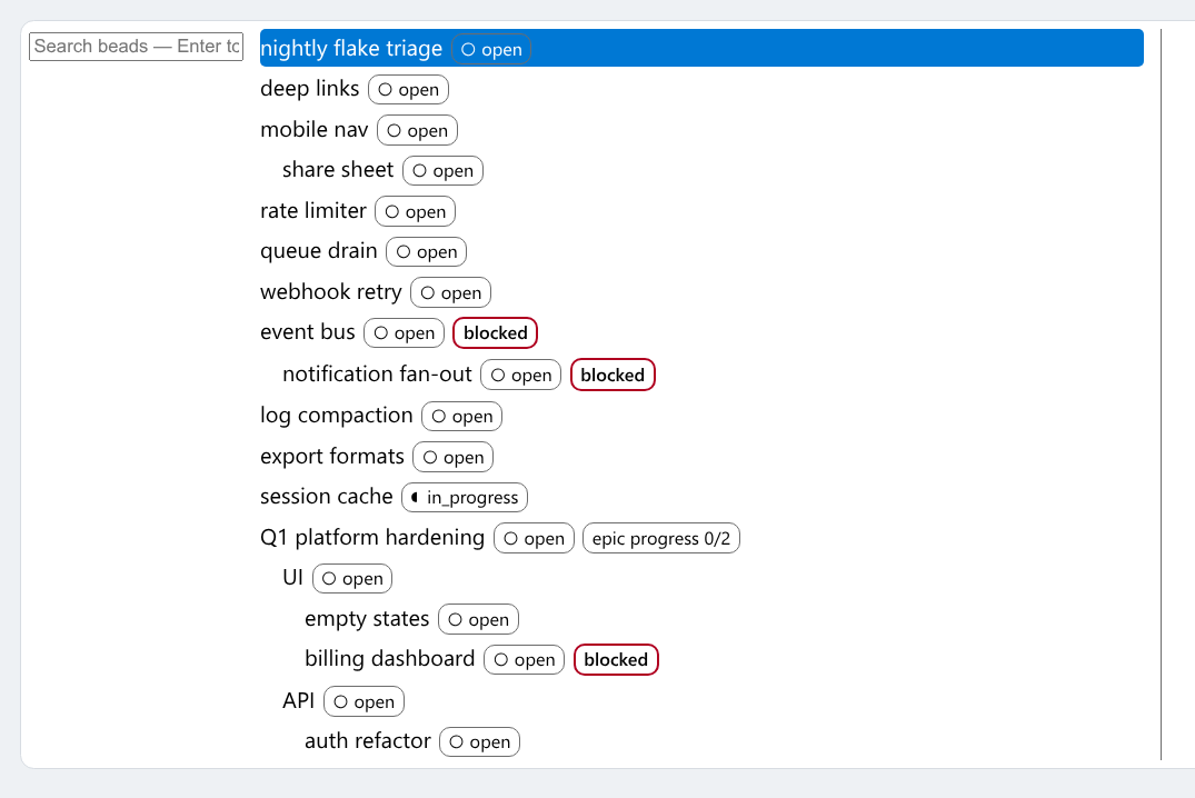 The workbench pane: a task tree with status chips, blocked rows flagged in red