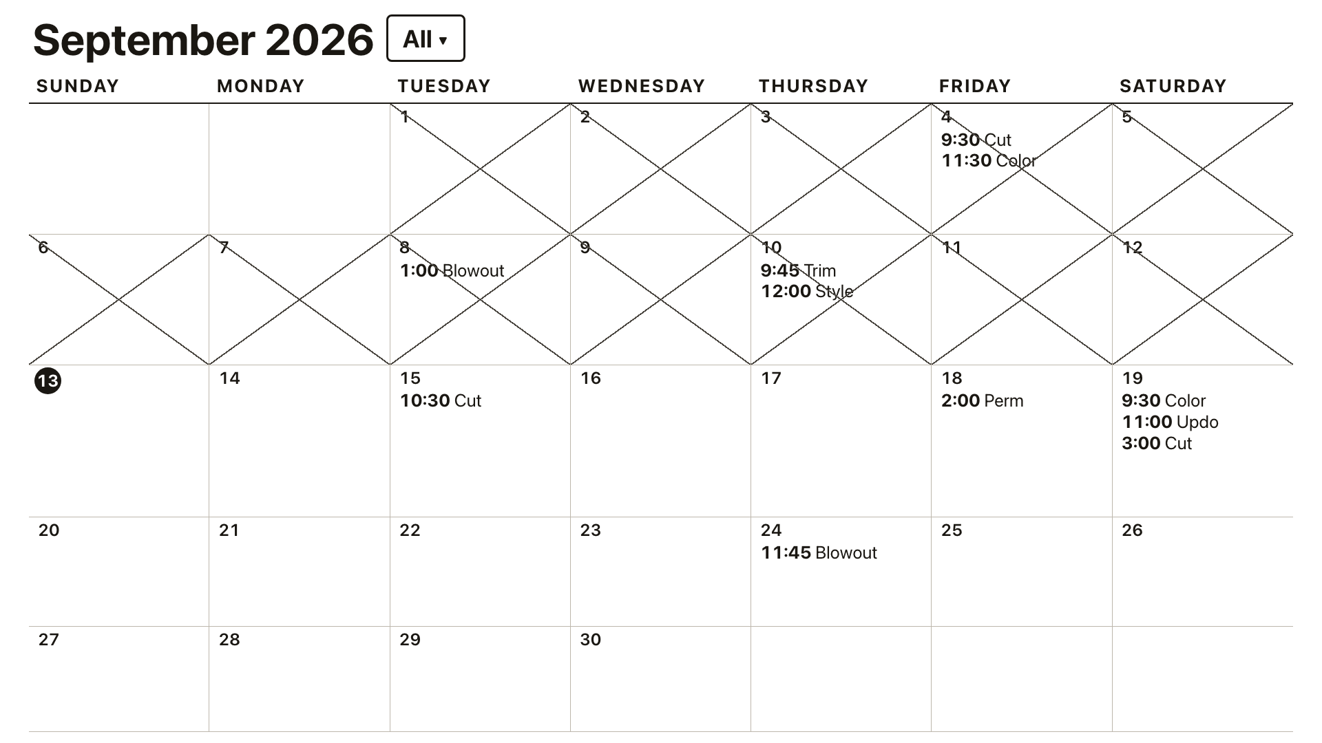 Salon Calendar month view