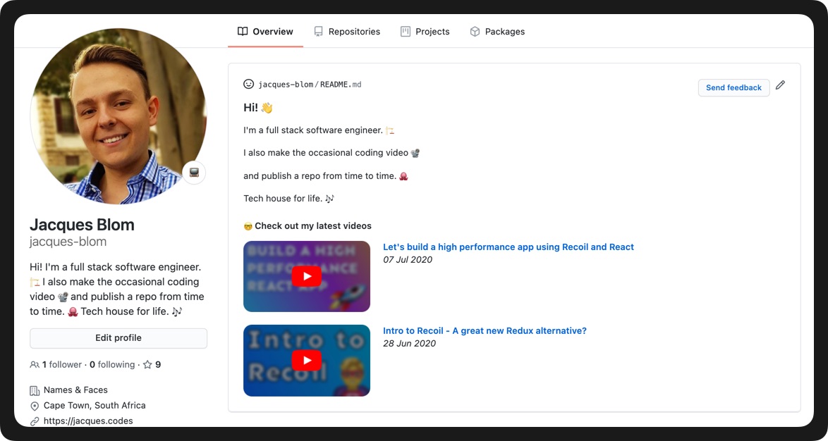 Example screenshot, showing YouTube videos listed on my GitHub profile