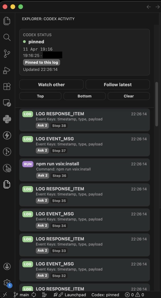 Codex Activity view showing pinned status and recent sanitized activity