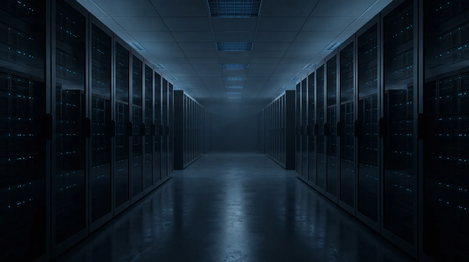 Corredor de datacenter com racks em grafite e indicadores de status em azul