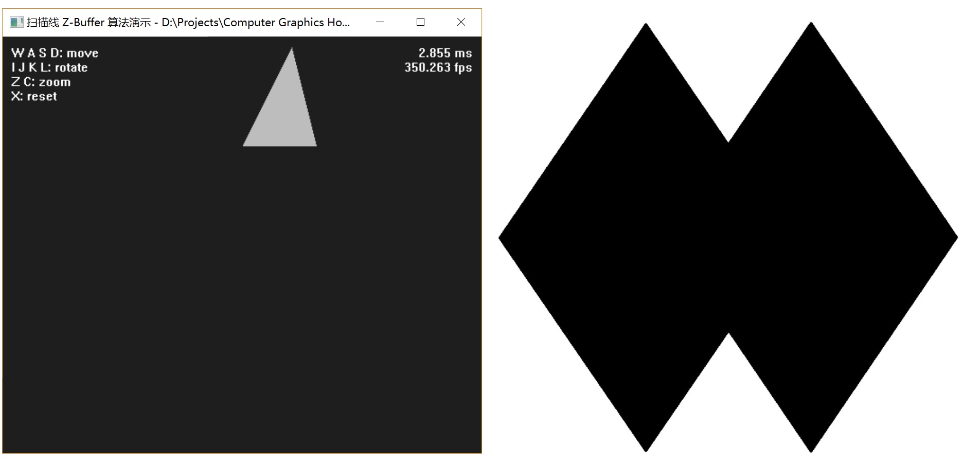 图 7-2 凹多边形显示问题，左图为实际结果，右图为理论图像