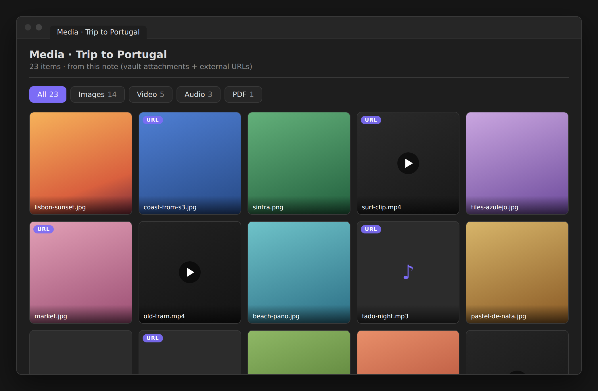 The gallery view — per-type tabs over a note's images, video, audio and PDFs, with vault attachments and external URL media side by side