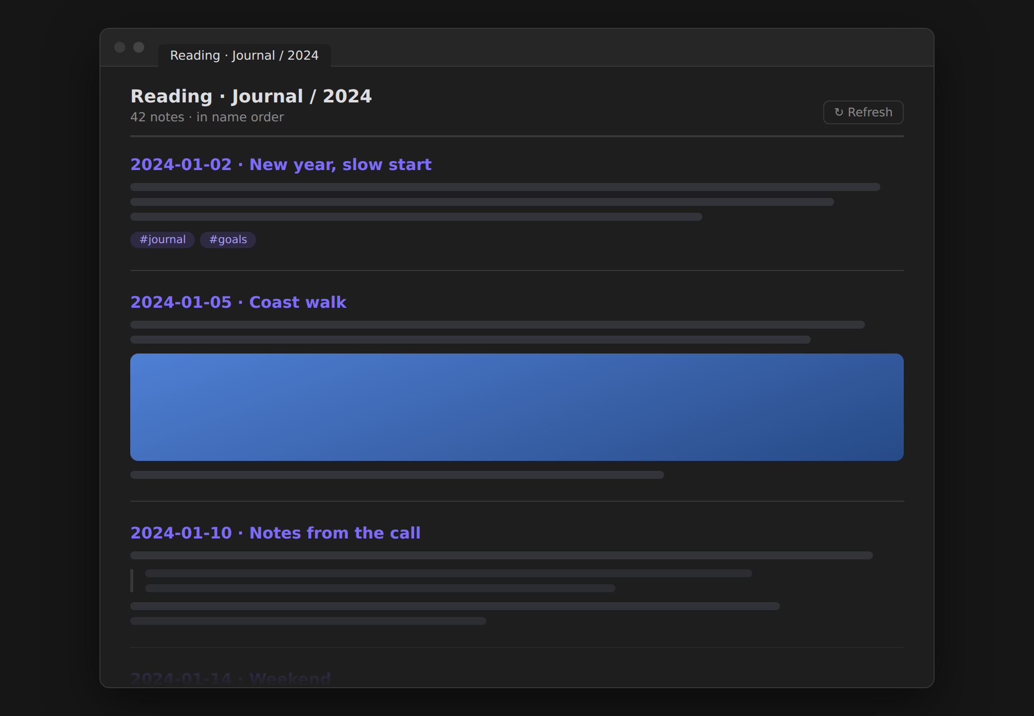 Folder Reader — every note in a folder rendered one after another as a single continuous page